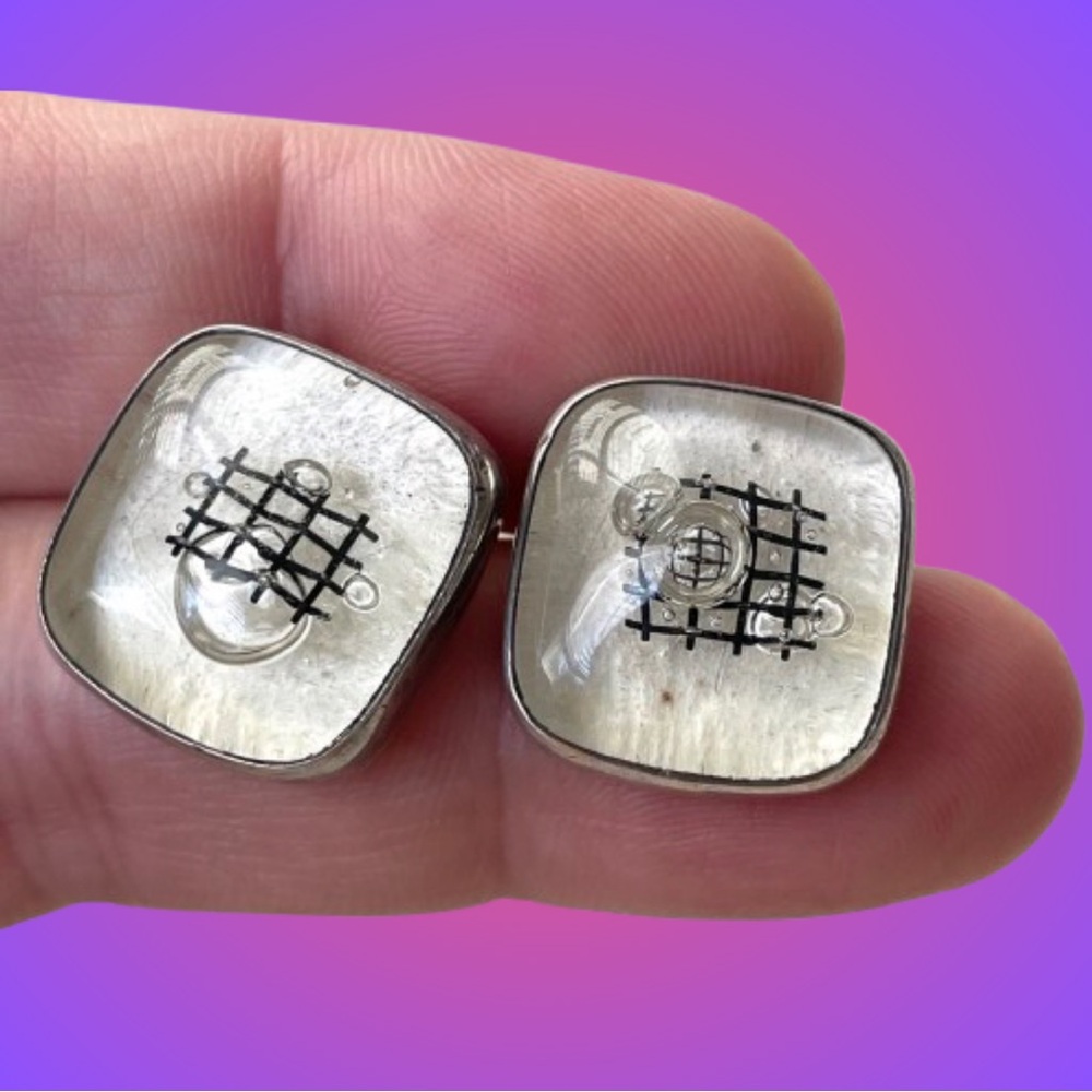 Vintage stamped 925 sterling silver & art glass post earrings checkerboard avant